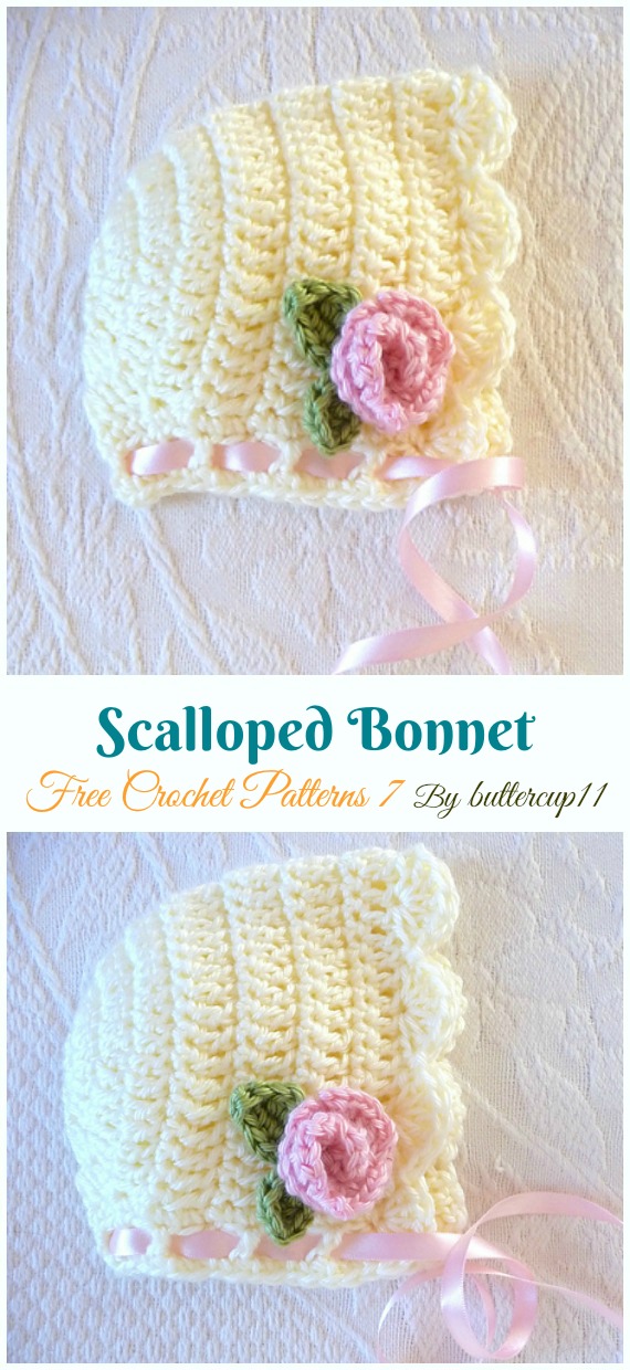 Scalloped Bonnet Crochet Free Pattern - Baby #Bonnet; Hat Free #Crochet; Patterns