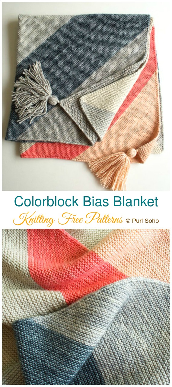 Colorblock Bias Blanket Knitting Free Patterns - Beginner Easy Baby #Blanket; Free #Knitting; Patterns