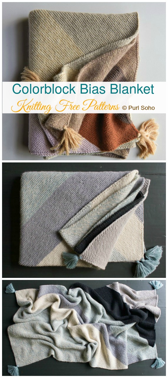 Rectangle Colorblock Bias Blanket Knitting Free Patterns - Beginner Easy Baby #Blanket; Free #Knitting; Patterns
