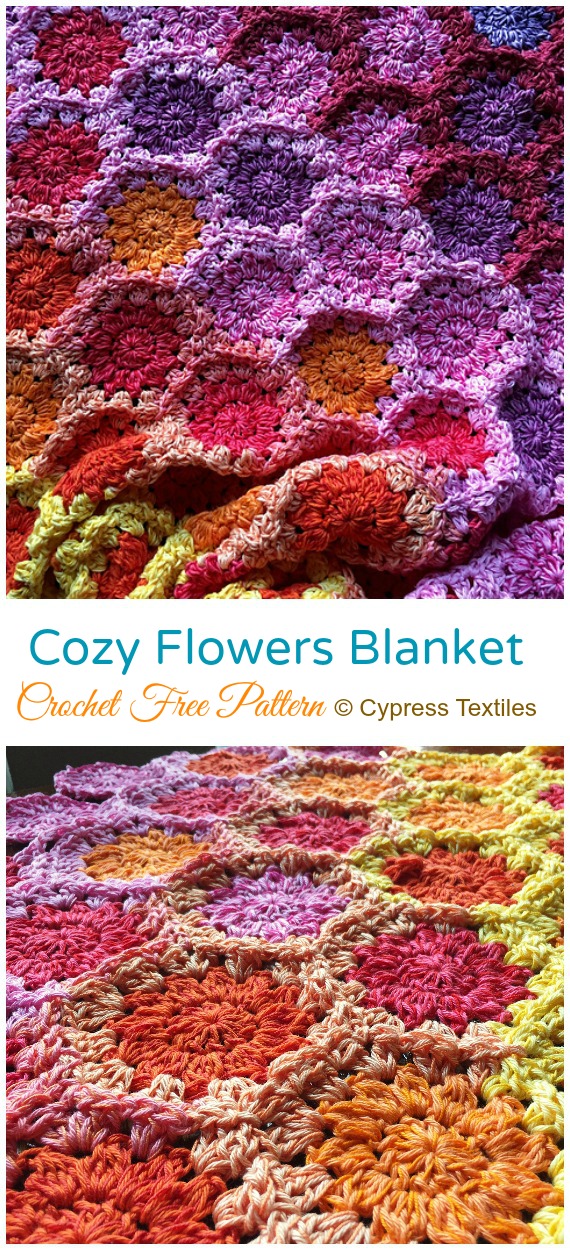 Cozy Flowers Blanket Crochet Free Pattern - #Hexagon; Blankets Free #Crochet; Patterns
