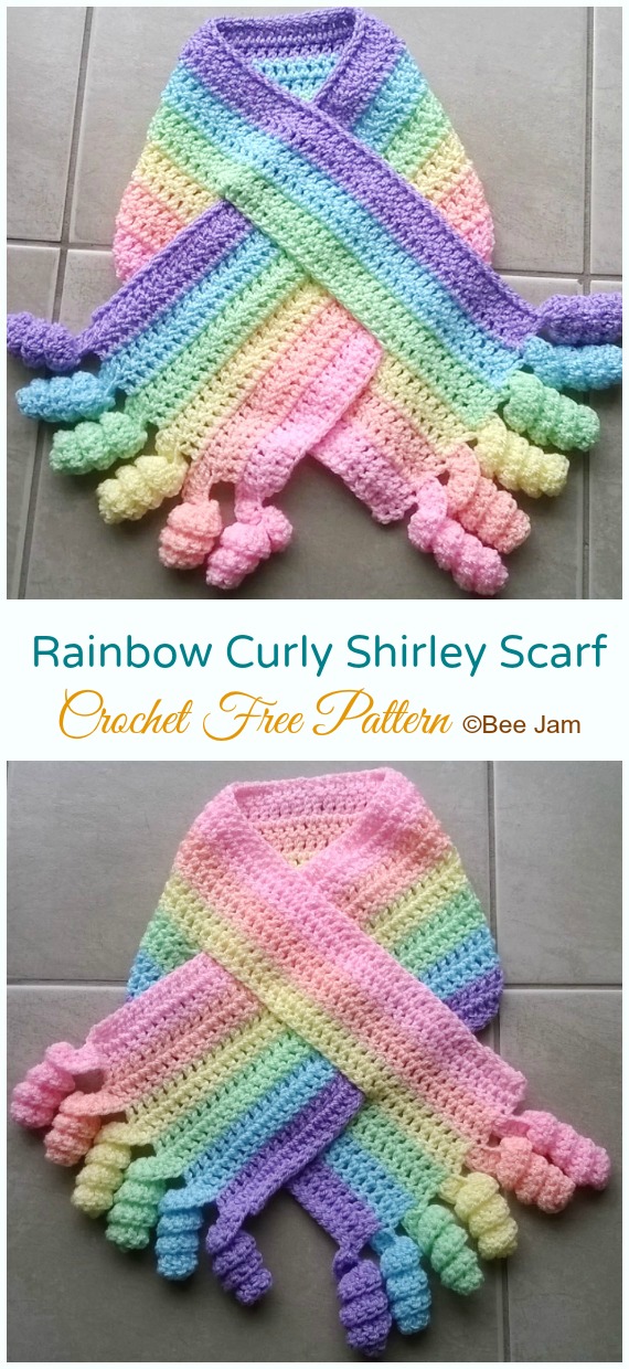 Rainbow Curly Shirley Scarf Crochet Free Pattern - Kids #Scarf; Free #Crochet; Patterns