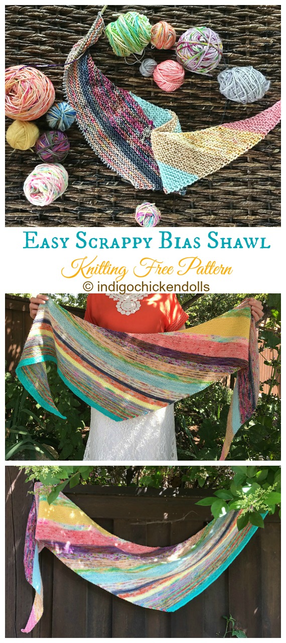 Easy Scrappy Bias Shawl Knitting Free Pattern- Women #Shawl; Free #Knitting; Patterns