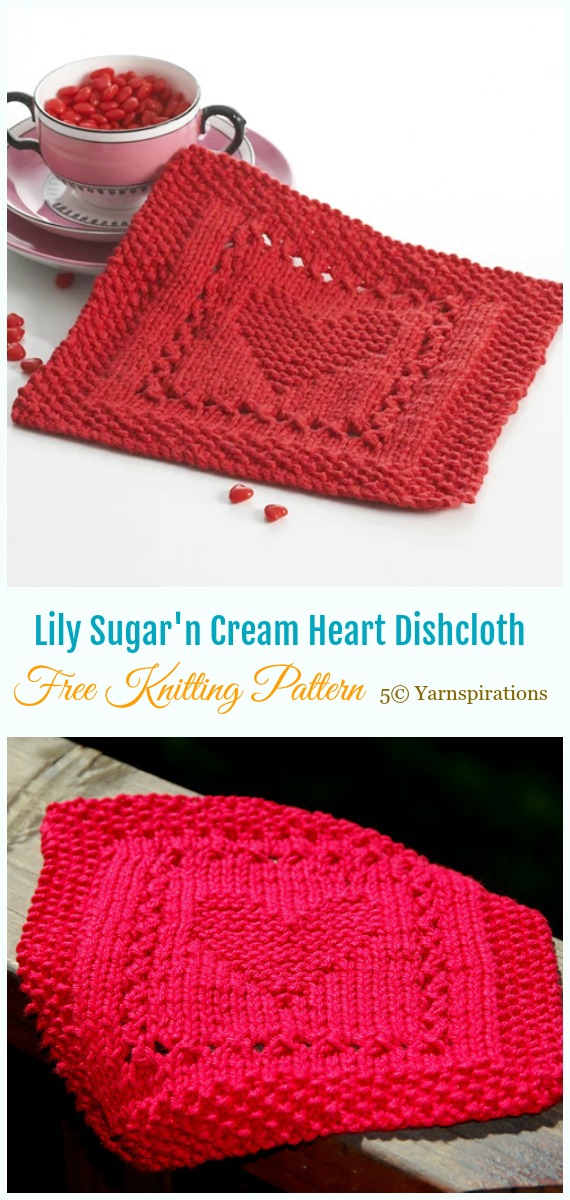 Lily Sugar'n Cream Square Heart Dishcloth Knitting Free Pattern - #Valentine; Heart #DishCloth; Free #Knitting; Patterns   
