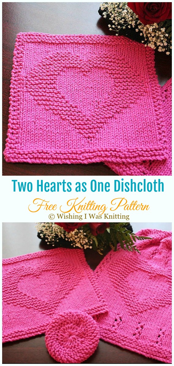 Two Hearts as One Dishcloth Knitting Free Pattern - #Valentine; Heart #DishCloth; Free #Knitting; Patterns