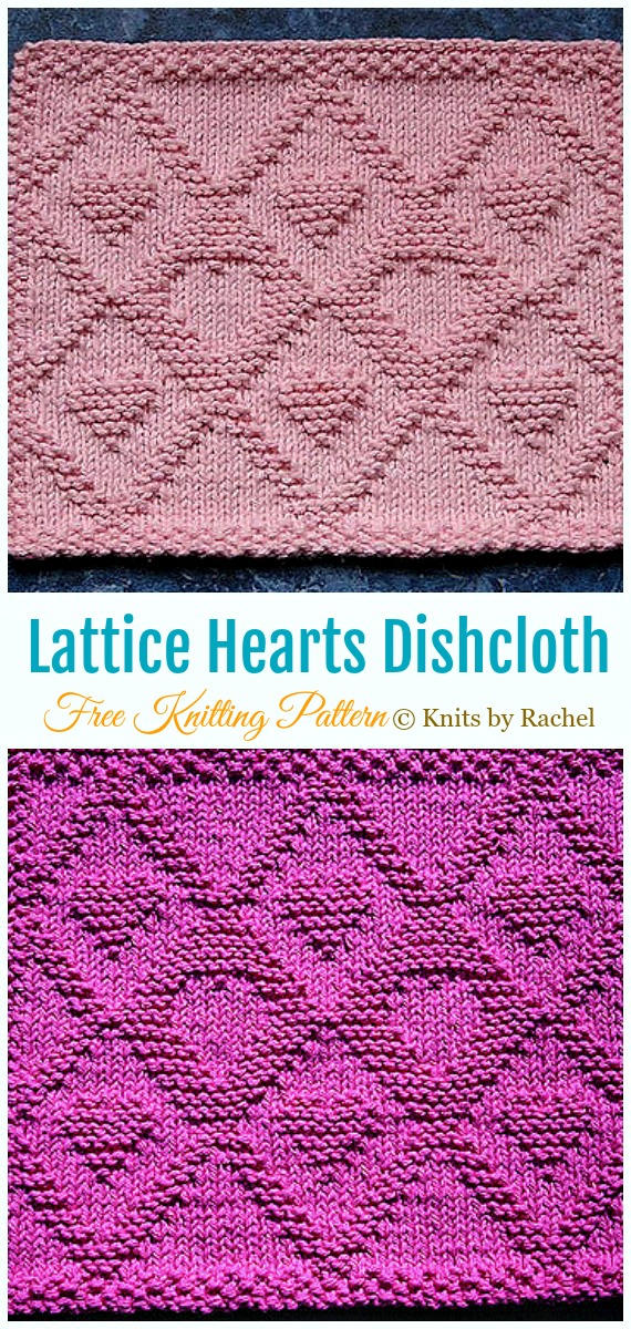Lattice Hearts Dishcloth Knitting Free Pattern - #Valentine; Heart #DishCloth; Free #Knitting; Patterns 