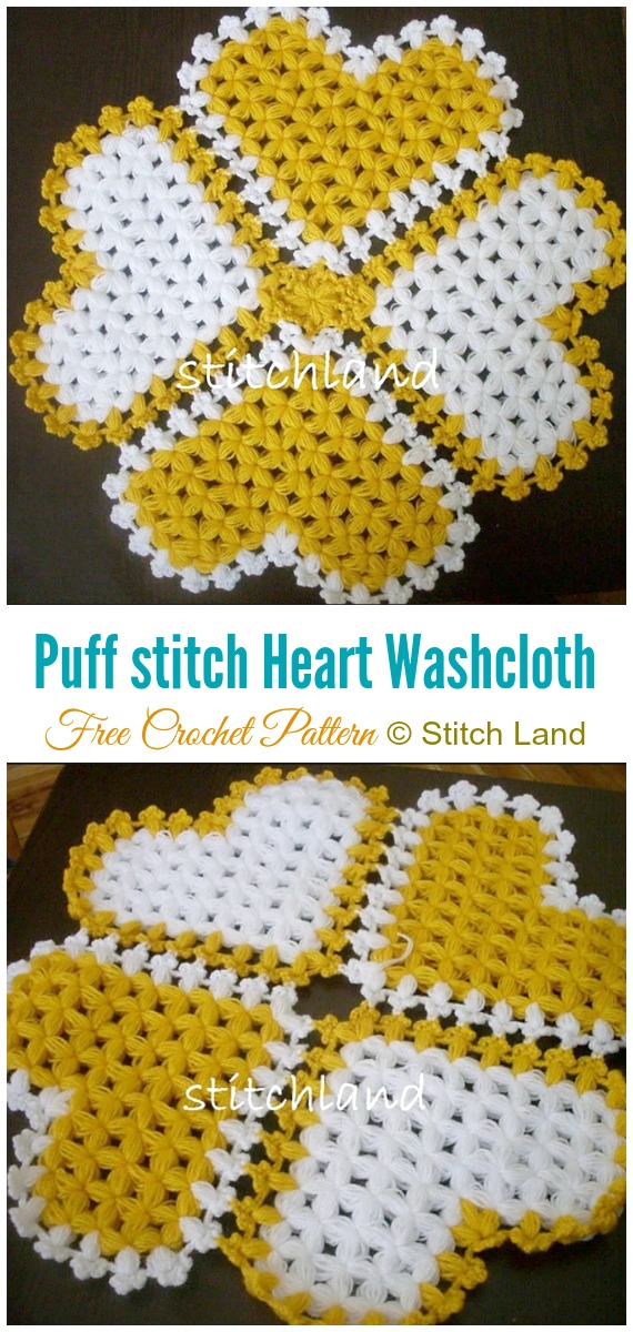 Puff Stitch Heart Dishcloth Free Crochet Pattern