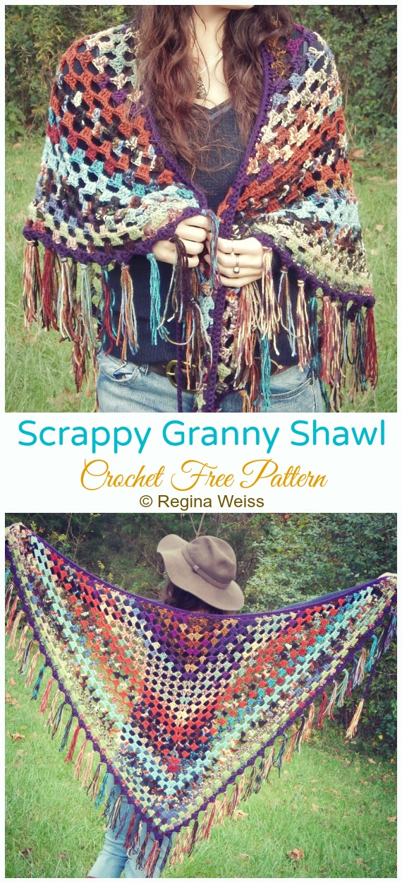 Scrappy Granny Shawl Crochet Free Pattern - Women Lace #Shawl; Free #Crochet; Patterns