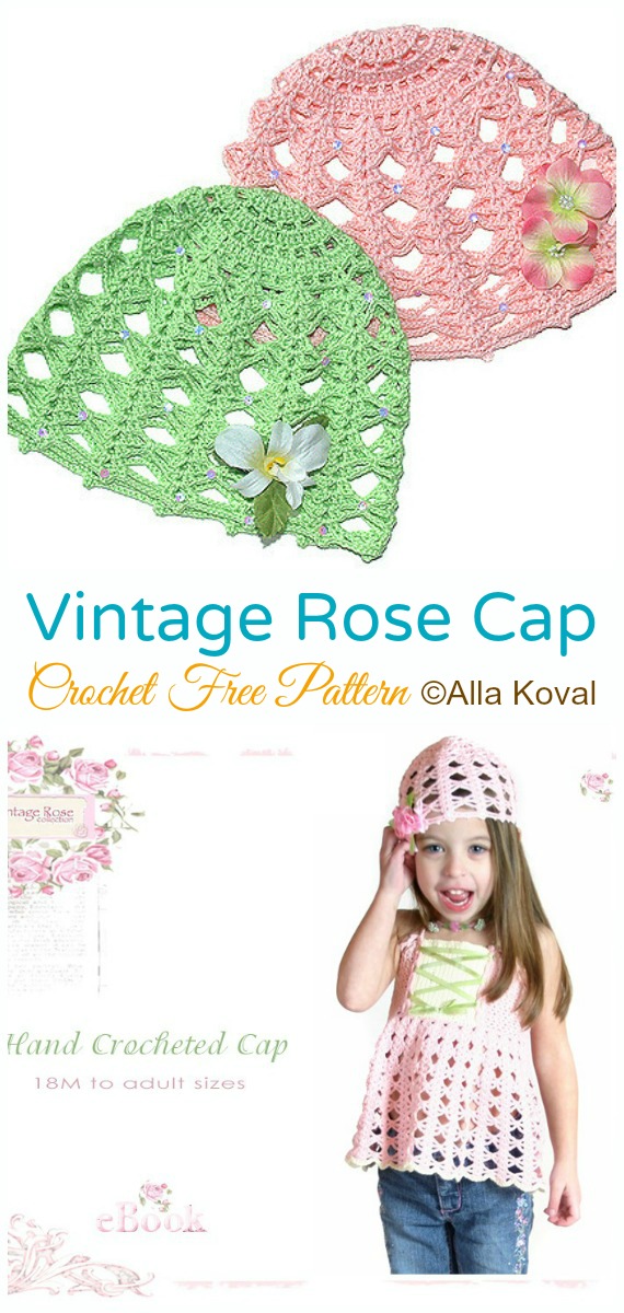Vintage Rose Cap Beanie Hat Crochet Free Pattern- Women #Cap; #Hat; Free #Crochet; Patterns