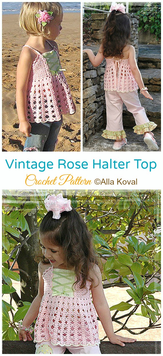 Vintage Rose Cap Beanie Hat & Halter Top Crochet Patterns-  #Cap; #Hat; Free #Crochet; Patterns