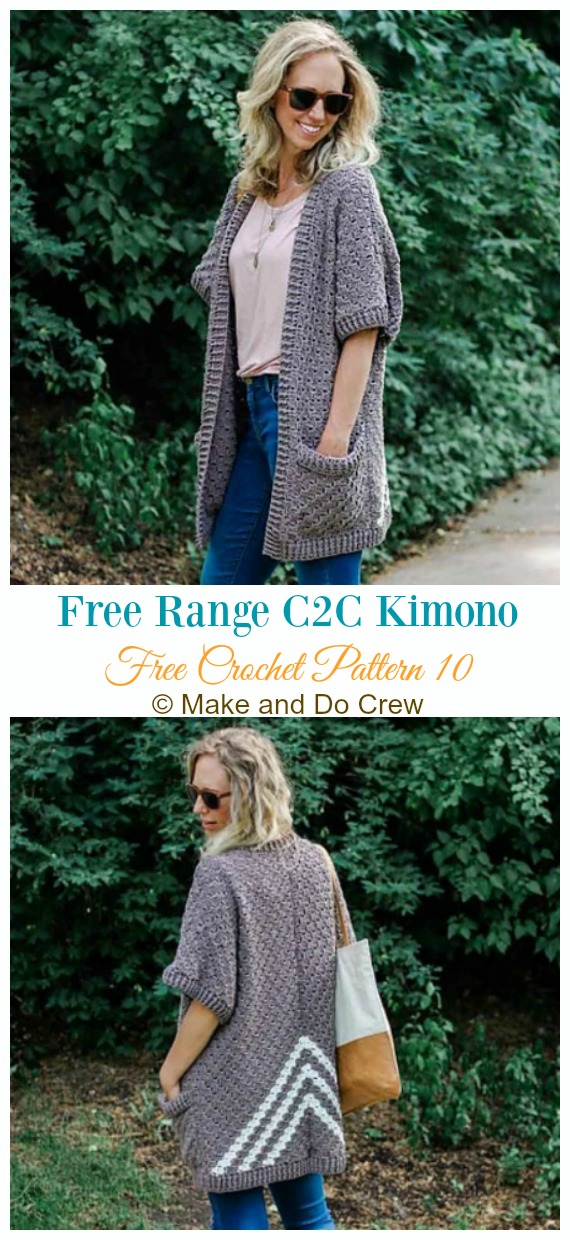 Free Range C2C Kimono Cardigan Crochet Free Pattern - Women #Kimono; #Cardigan; Free #Crochet; Patterns