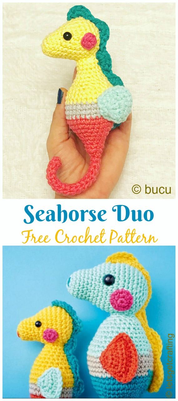 Crochet Seahorse Duo Amigurumi Free Pattern - #Amigurumi; #Seahorse; Free Crochet Patterns 