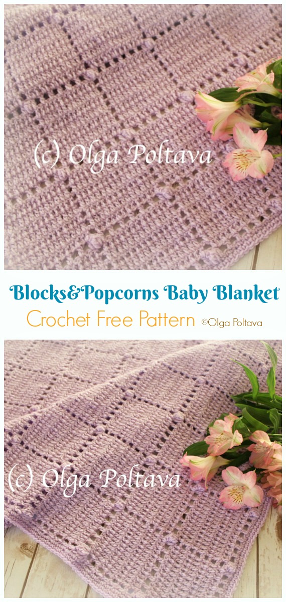Blocks and Popcorns Baby Blanket Crochet Free Pattern - Bobble & Popcorn #Blanket; Free #Crochet; Patterns