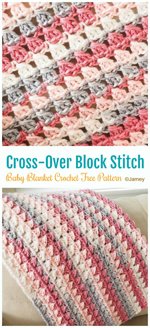 Cross-Over Block Stitch Baby Blanket Crochet Free Pattern - Stripy #Blanket; Free #Crochet; Patterns