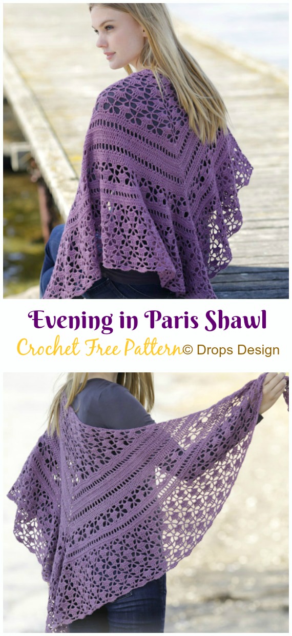 Evening in Paris Shawl Crochet Free Pattern - Women Lace #Shawl; Free #Crochet; Patterns