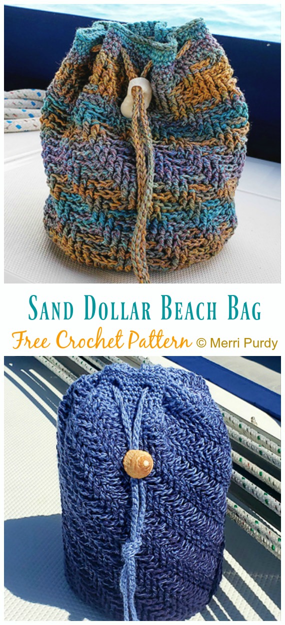 Sand Dollar Beach Bag Crochet Free Pattern - Drawstring Bag Free #Crochet; Patterns