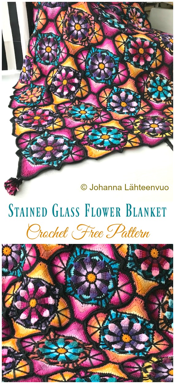 Stained Glass Flower Blanket Crochet Free Pattern - #Granny; Square #Blanket; Free #Crochet; Patterns