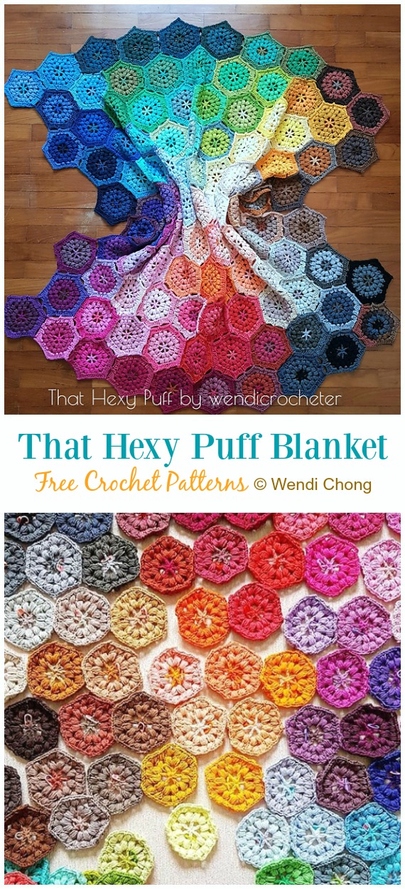 That Hexy Puff Blanket Crochet Free Pattern - Hexagon Blanket Free Crochet Patterns
