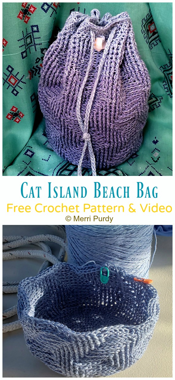 Cat Island Beach Bag Crochet Free Pattern [Video] - Drawstring Bag Free #Crochet; Patterns