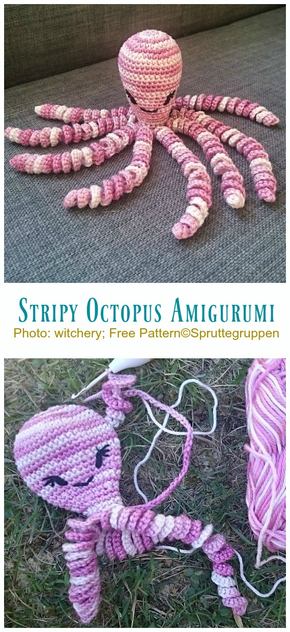 Amigurumi Stripy Octopus Crochet Free Patterns - Crochet #SeaLife; Toys #Amigurumi; Free Patterns