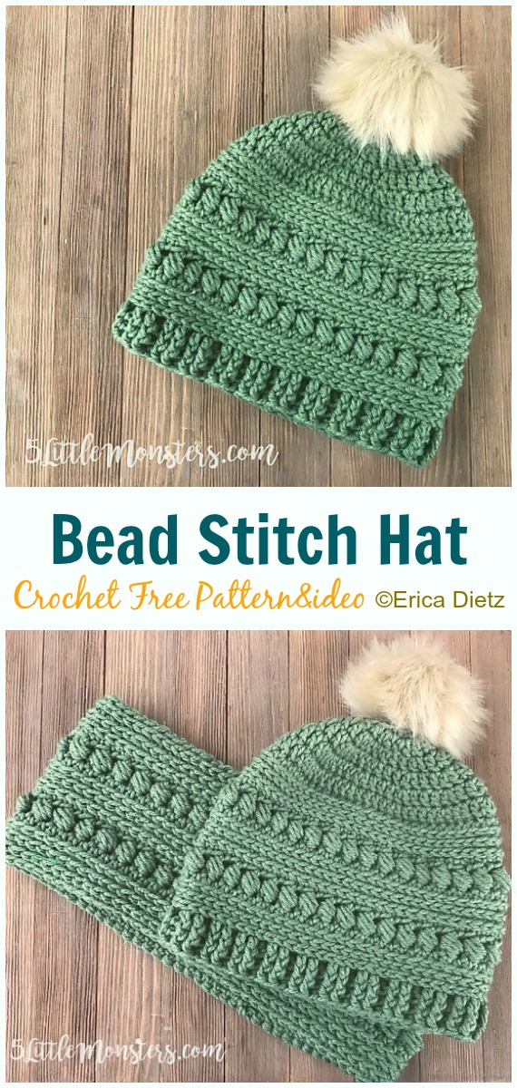 Bead Stitch Hat & Cowl Crochet Free Patterns- Women Beanie Hat Free #Knitting; Patterns