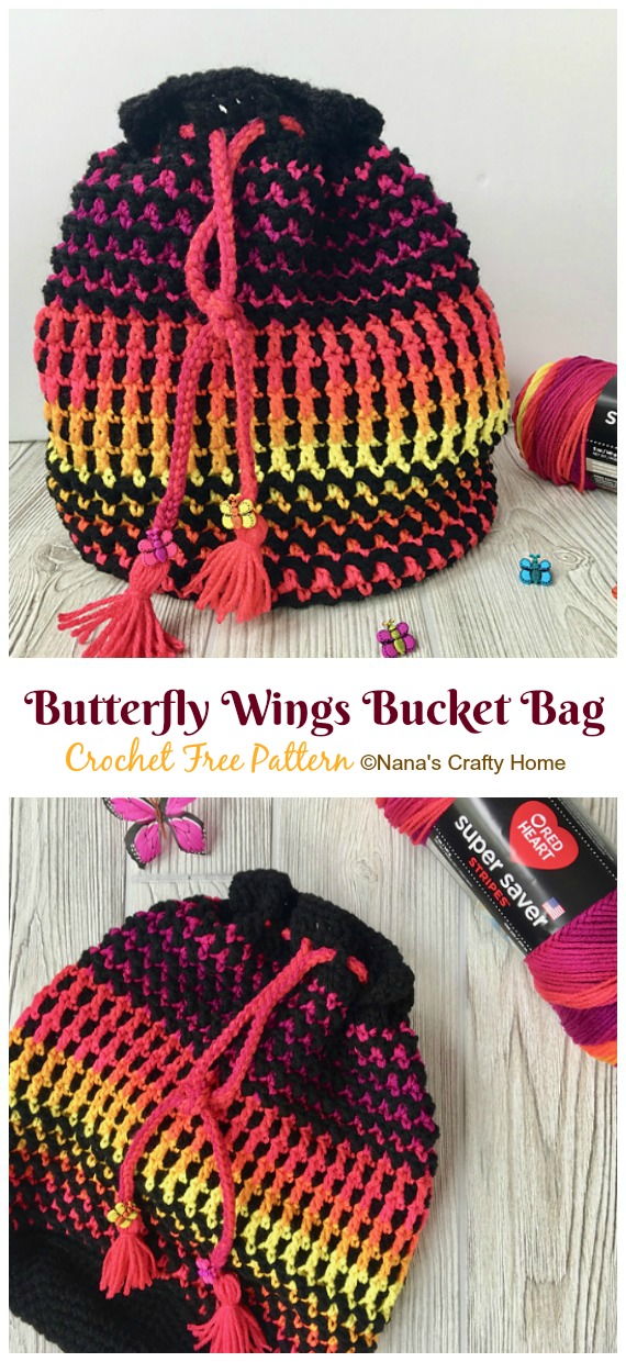 Butterfly Wings Bucket Bag Crochet Free Patterns - Women Shoulder #Bag; Free #Crochet; Patterns