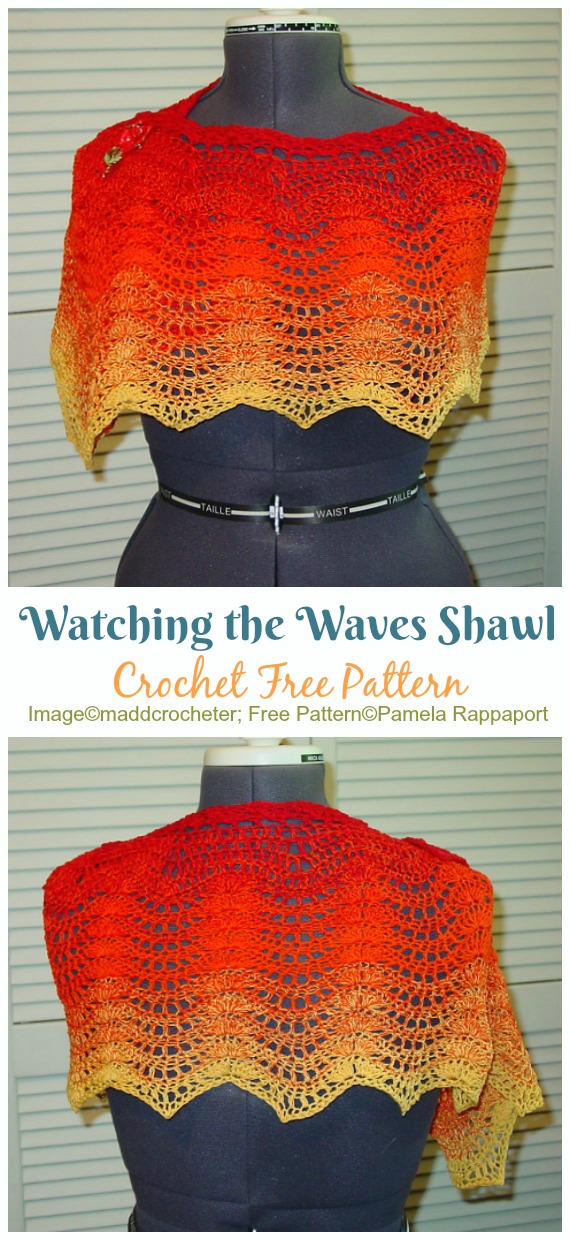 Watching the Waves Shawl Crochet Free Pattern - Women Lace #Shawl; Free #Crochet; Patterns