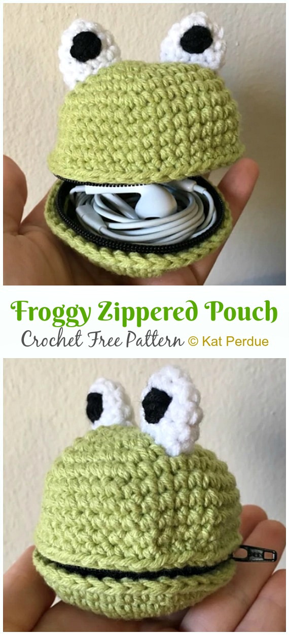 Froggy Zippered Pouch Crochet Free Pattern - Coin #Purse; Free #Crochet; Patterns