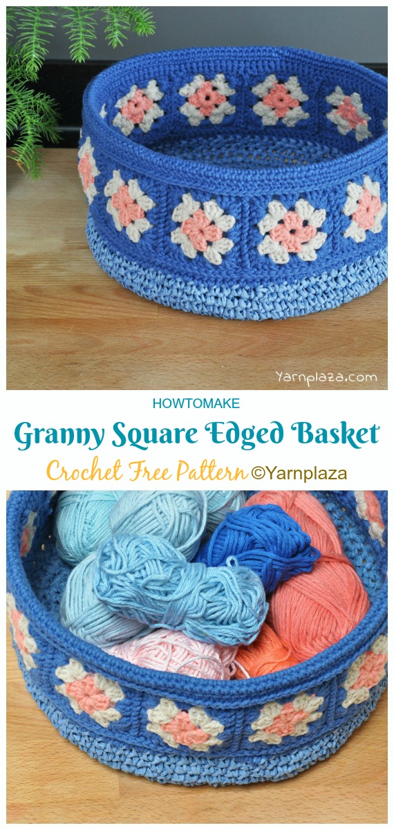 Granny Square Edged Basket Crochet Free Patterns - - Storage #Basket; Free #Crochet; Patterns