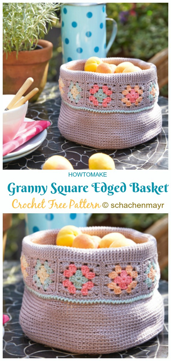 Granny Square Edged Basket Crochet Free Patterns - - Storage #Basket; Free #Crochet; Patterns