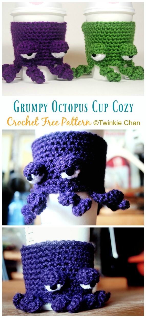 Grumpy Octopus Coffee Cup Cozy Crochet Free Pattern - Coffee/Tea Mug #Cozy; Free #Crochet; Patterns