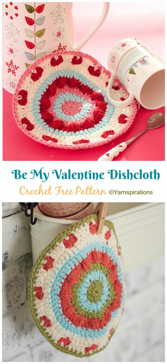 Be My Valentine Dishcloth Crochet Free Pattern - #Heart; #Dishcloth; Free Crochet Patterns