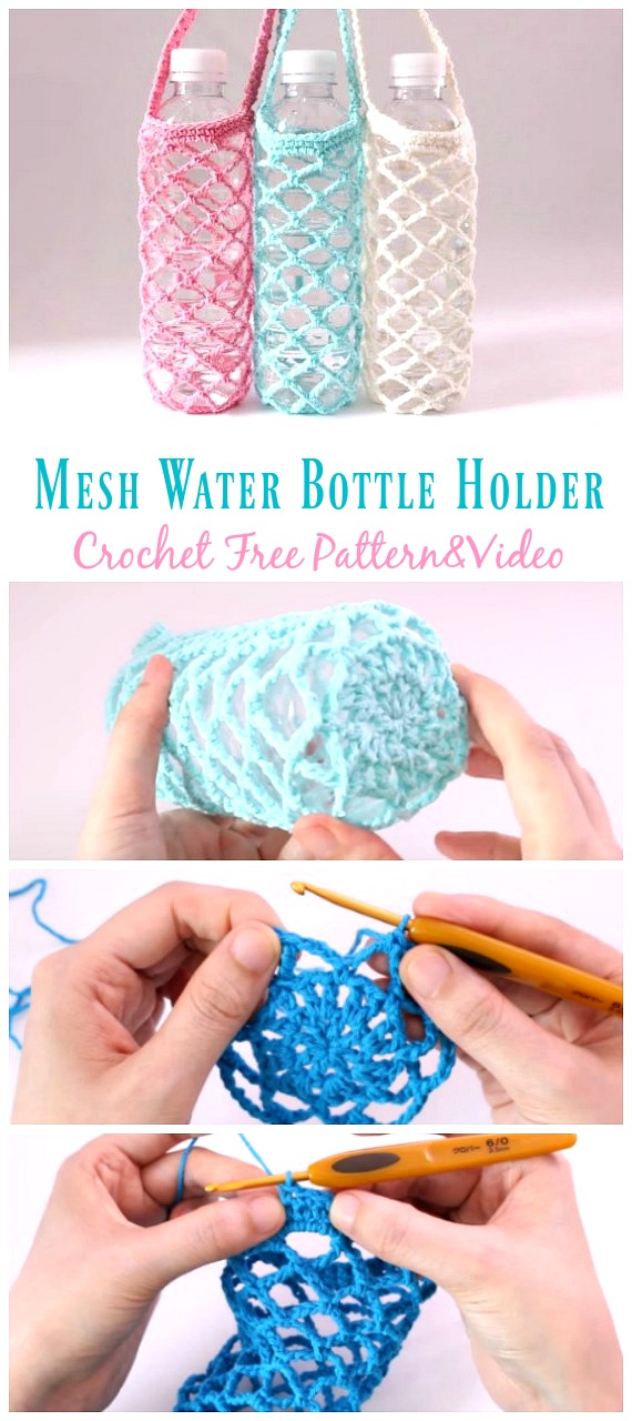 Mesh Water Bottle Holder Crochet Free Pattern Video - Water Bottle Holder Free #Crochet; Patterns