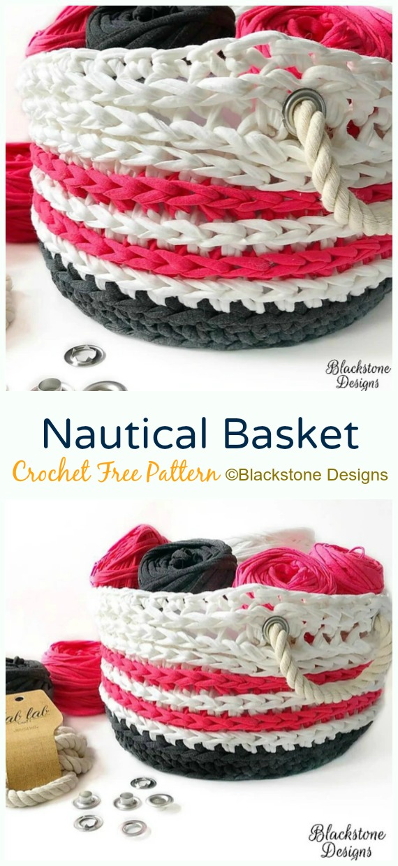 Nautical Basket Crochet Free Pattern- Storage #Basket; Free #Crochet; Patterns