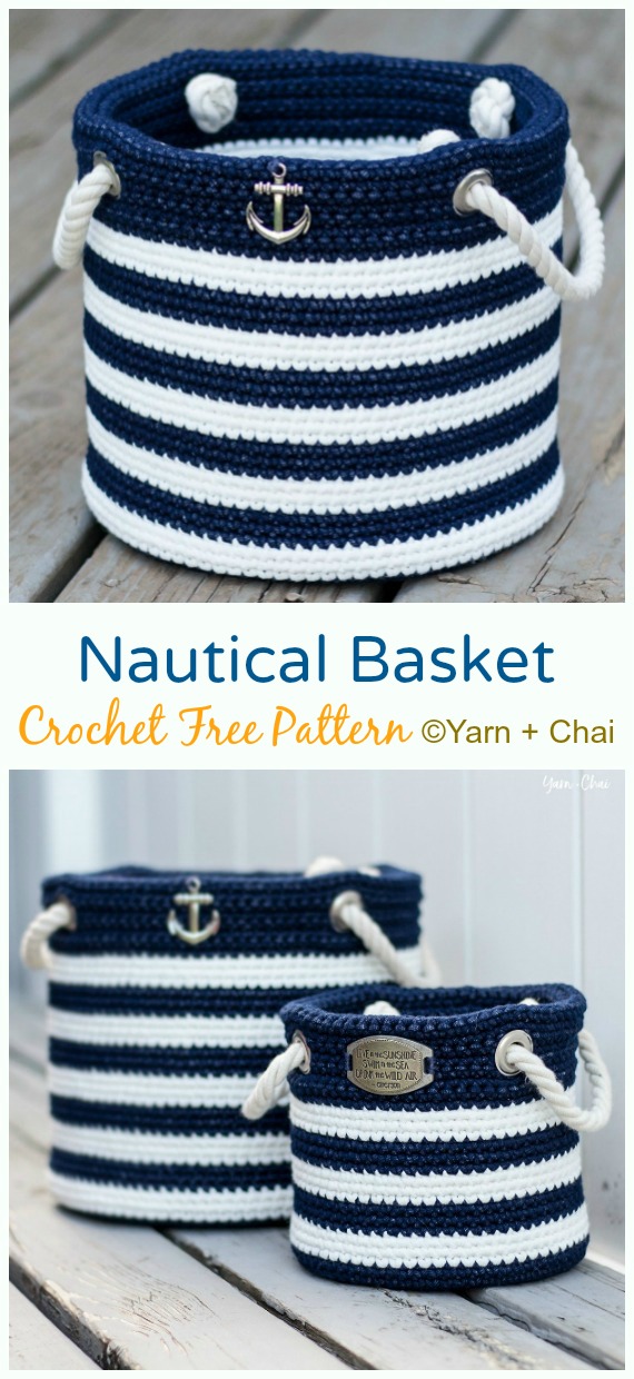 Nautical Basket Crochet Free Pattern- Storage #Basket; Free #Crochet; Patterns