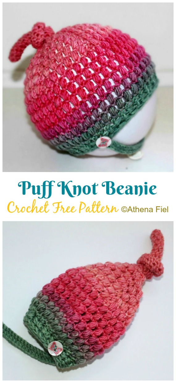 Puff Knot Beanie Crochet Free Pattern - #Beanie; Hat Free #Crochet; Patterns