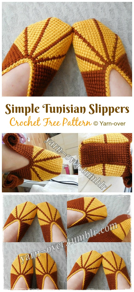 Simple Tunisian Slippers Crochet Free Patterns - Adult #Slipper; Free #Crochet: Patterns