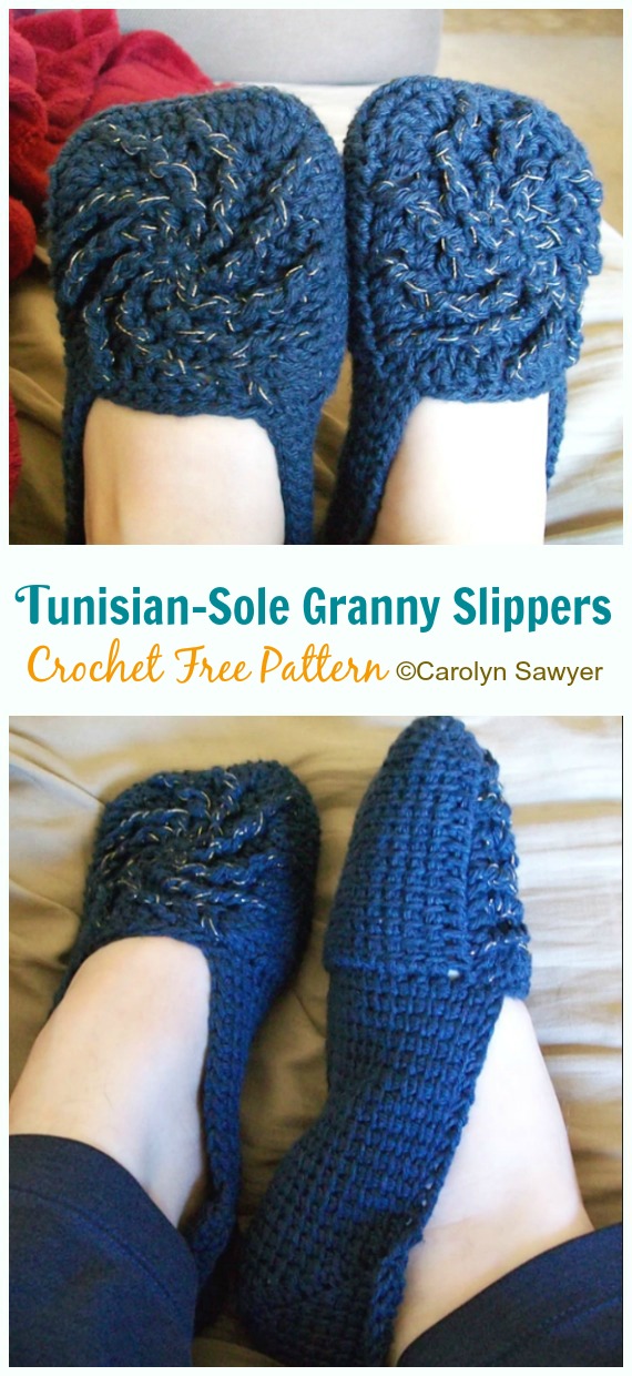 Tunisian-Sole Granny Slippers Crochet Free Patterns - Adult #Slipper; Free #Crochet: Patterns