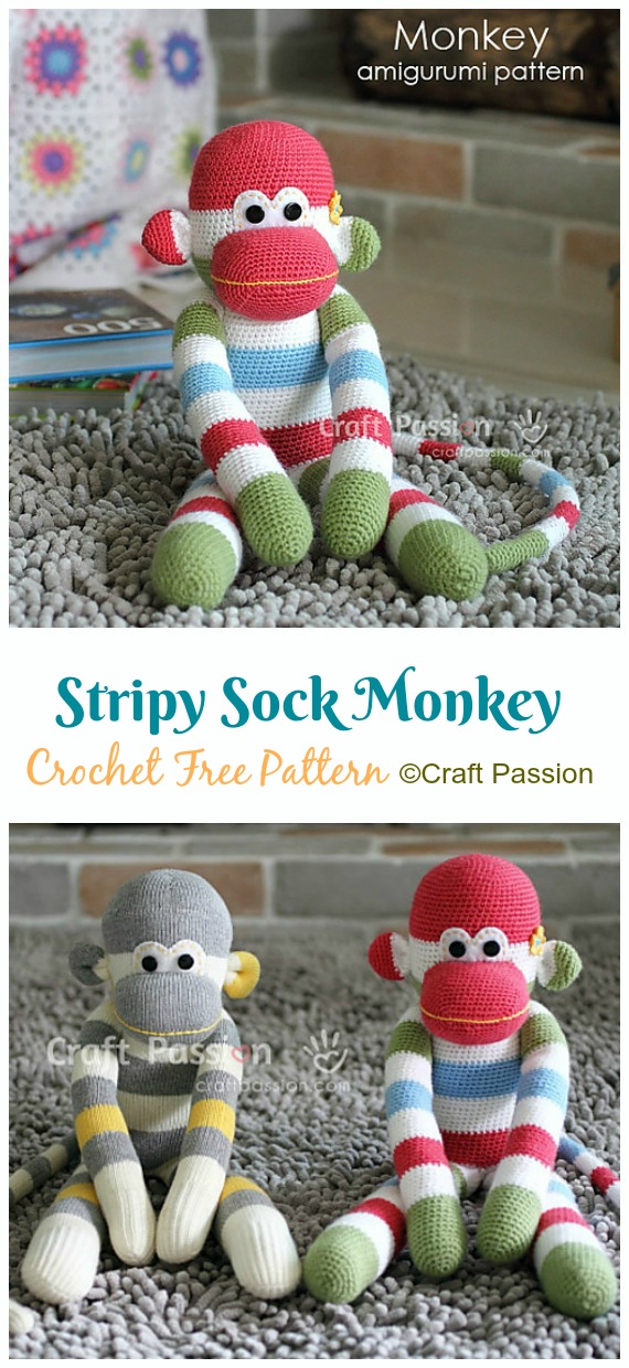 Crochet Stripy Sock Monkey Amigurumi Free Pattern - Amigurumi Sock #Monkey Crochet Free Patterns