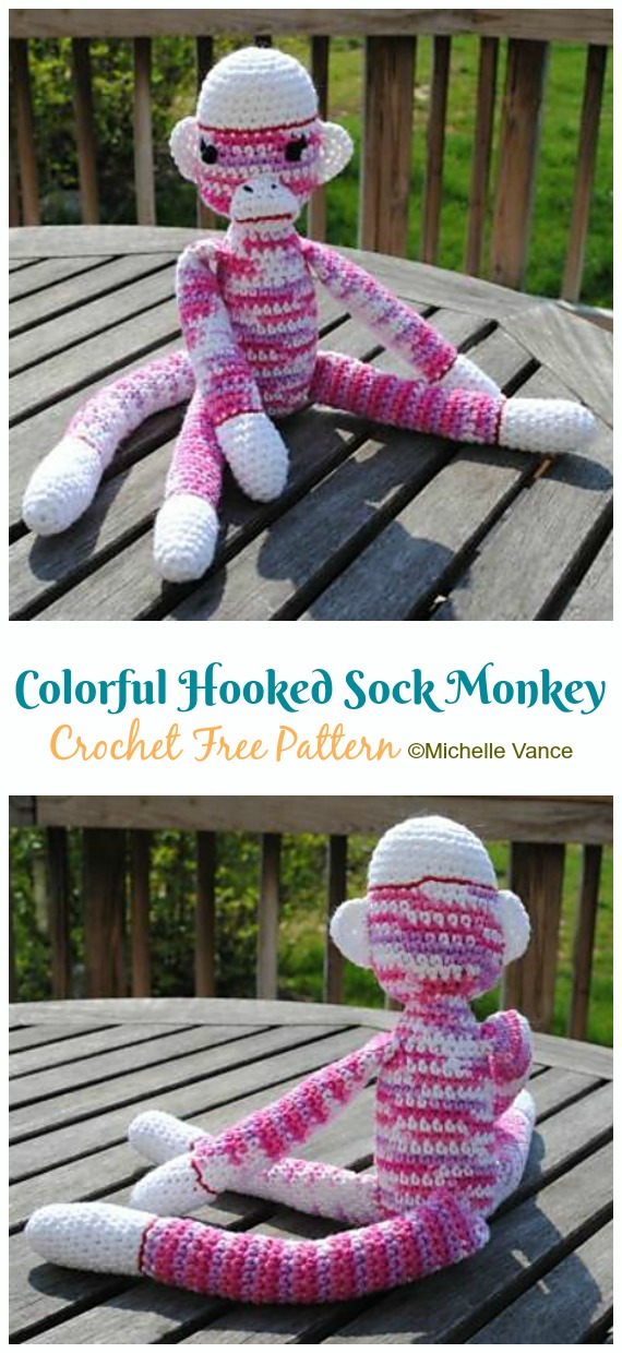 Crochet Colorful Hooked Sock Monkey Amigurumi Free Pattern - Amigurumi Sock #Monkey Crochet Free Patterns