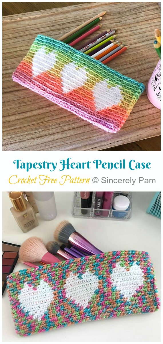 Tapestry Heart Pencil Case Crochet Free Pattern - Back to School #Pencil Case Free #Crochet; Patterns