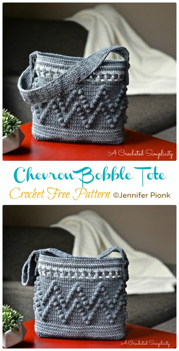 Chevron Bobble Bag Crochet Free Pattern - Tote #Bag; Free #Crochet; Patterns