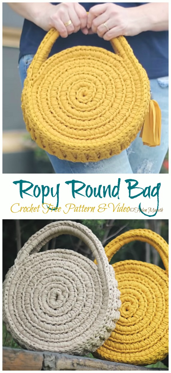 Ropy Round Bag Crochet Free Pattern [Video] - Trendy #Handbag; Free Crochet Patterns