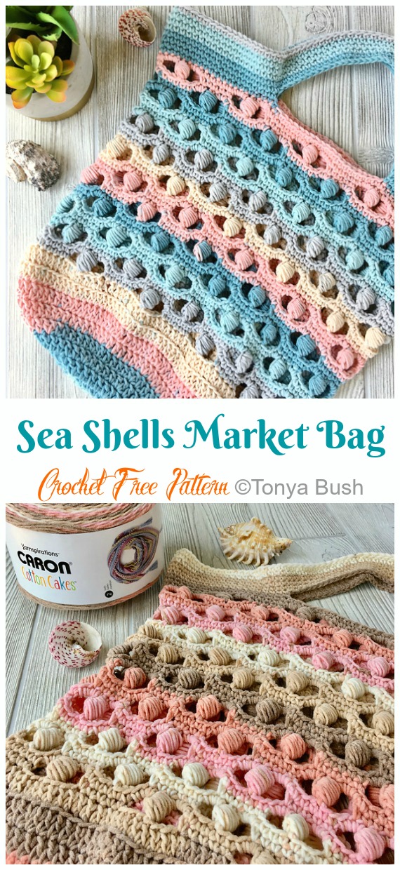 Sea Shells by The Shore Market Bag Crochet Free Pattern- #Crochet; Market Grocery #Bag;Free Patterns