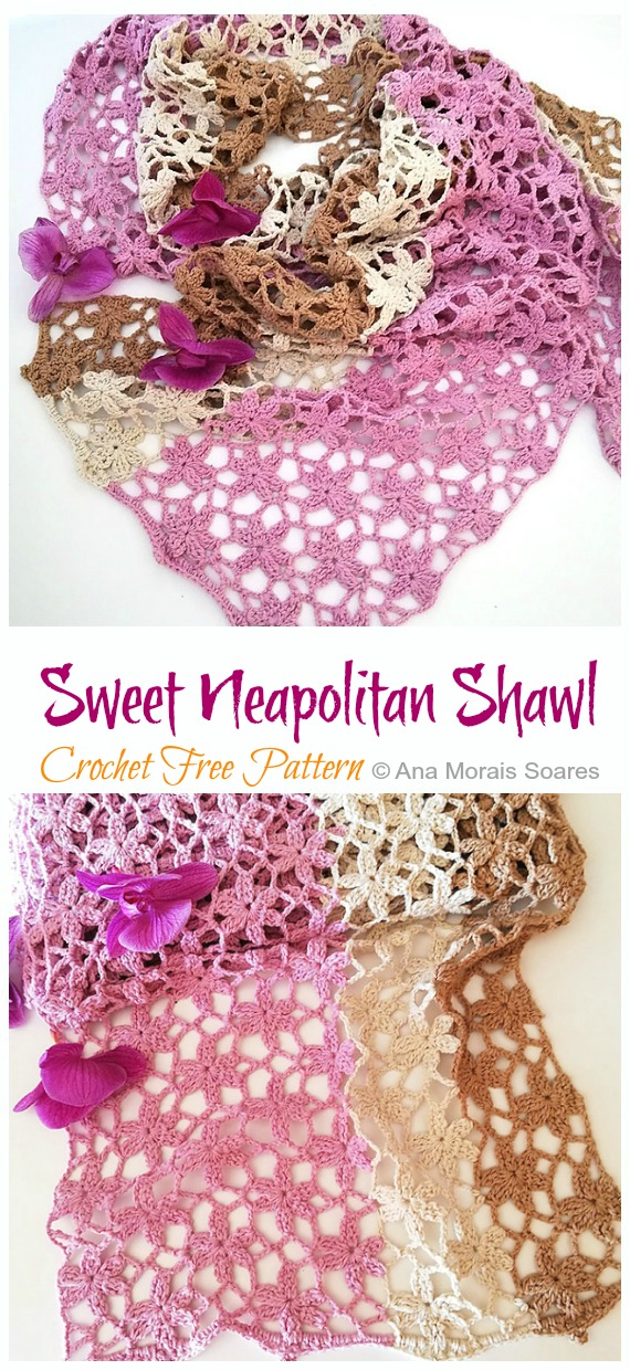 Sweet Neapolitan Flower Lace Shawl Crochet Free Pattern- Women Shawl #Wrap; Free #Crochet; Patterns