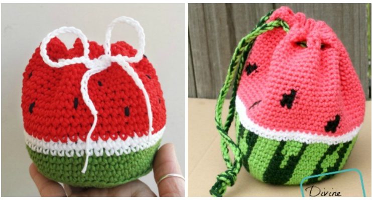 Watermelon Drawstring Bag Crochet Free Patterns - Drawstring Bag Free #Crochet; Patterns