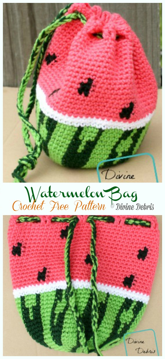 Watermelon Drawstring Bag Crochet Free Patterns - Drawstring Bag Free #Crochet; Patterns