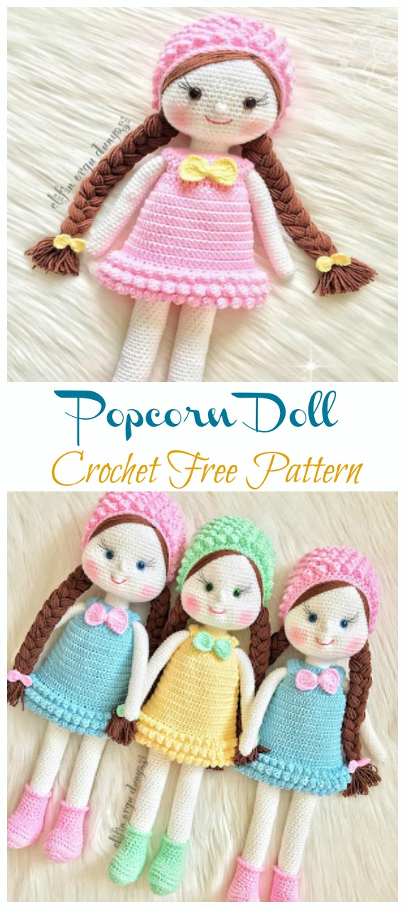 Amigurumi Popcorn Doll Girl Crochet Free Pattern - Crochet #Dolls; #Amigurumi; Free Patterns 