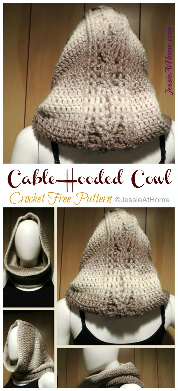 Cable Hooded Cowl Crochet Free Pattern - Women #Cowl; Free #Crochet; Pattern