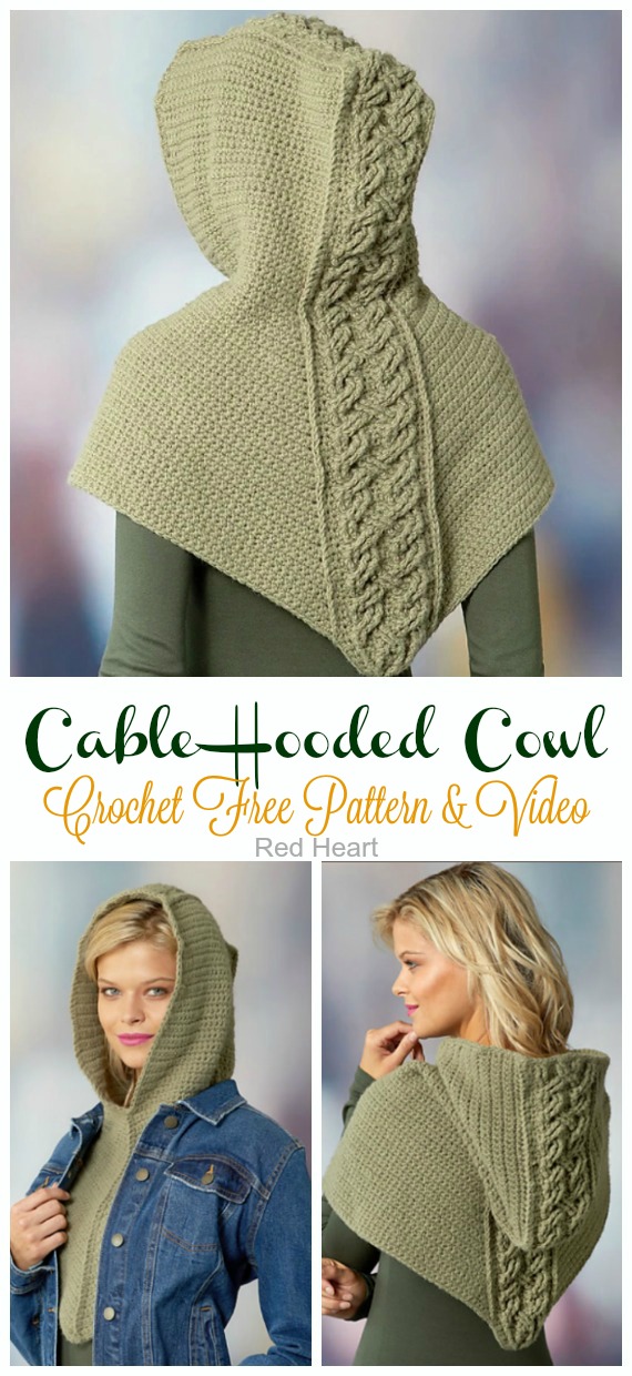 Cable Hooded Cowl Crochet Free Pattern - Women #Cowl; Free #Crochet; Pattern