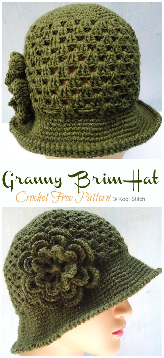 Granny Brim Hat Crochet Free Pattern - Women/Girls #Sunhat; Free #Crochet; Patterns